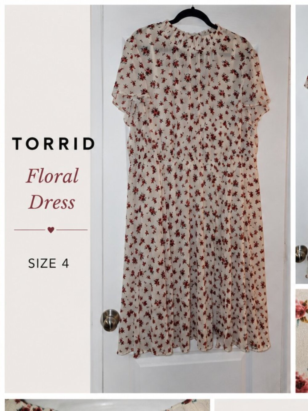 Torrid Size 4 Ivory Floral Chiffon Dress Flutter Sleeve Lined Boho Cottagecore